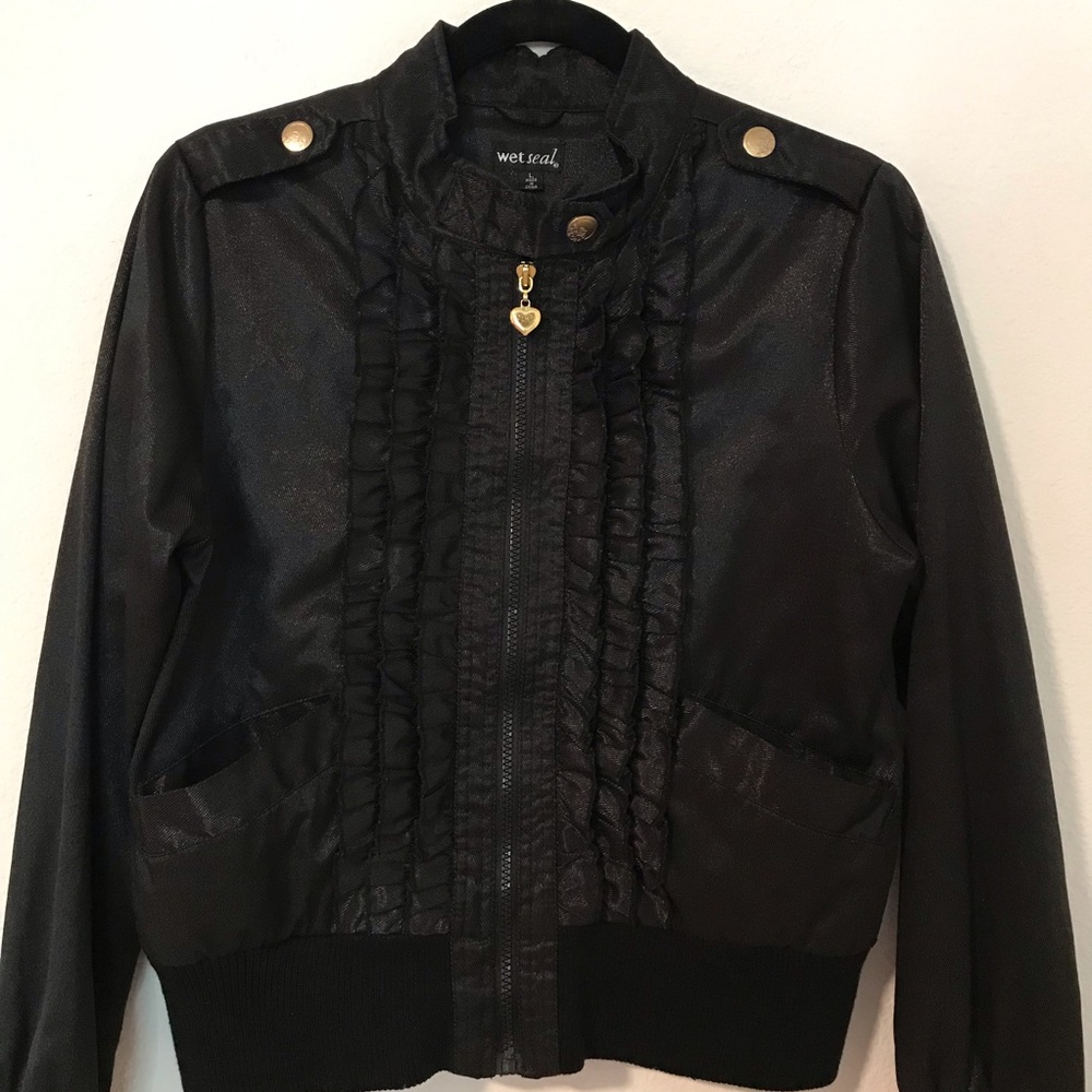 Wet Seal Black Ruffled Zip-Front Bomber Jacket, Y2k.